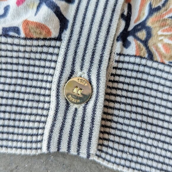 Tory Burch Floral Stripe Contrast Print V-Neck Button Front Cardigan medium - Picture 4 of 8